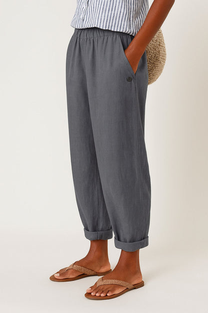 Losvallende broek dames met elastische tailleband en omslagzoom