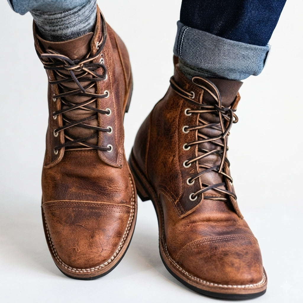 Cap toe veterboots heren met randgenaaide zool en blokhak