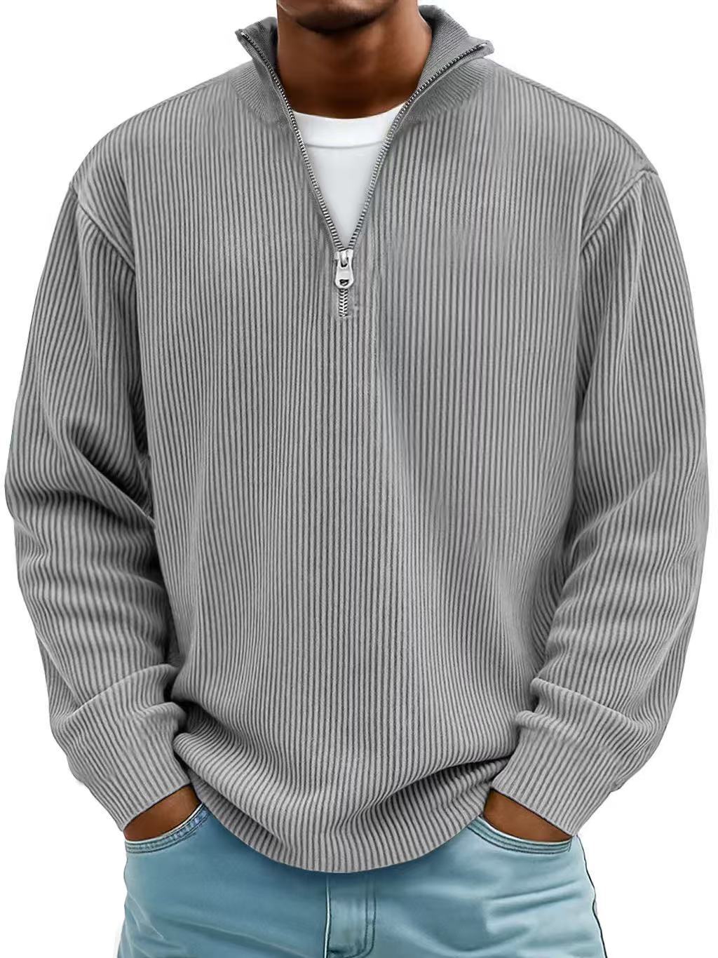 Geribde half zip trui heren met opstaande kraag en lange mouwen