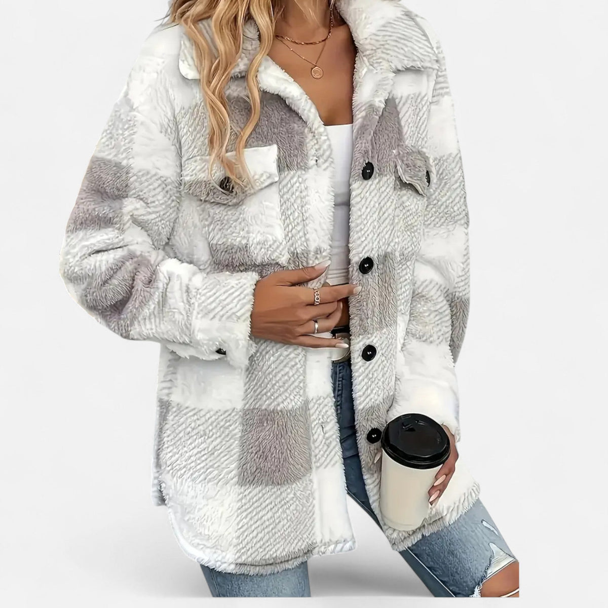 Geruite teddy shacket dames met knoopsluiting en oversized pasvorm