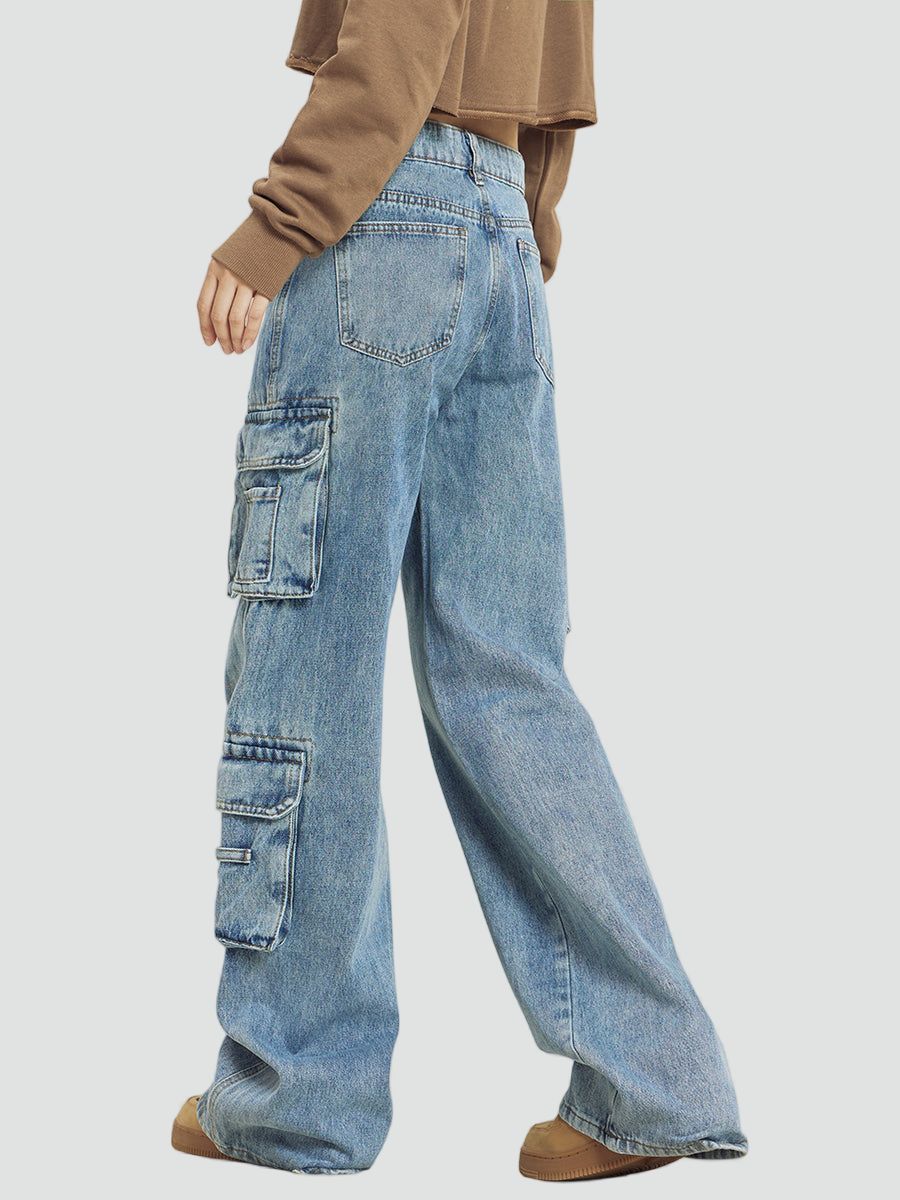 Baggy cargo jeans dames met wijde pijpen en middelhoge taille