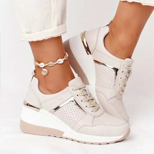 Sneakers met sleehak dames, geperforeerde platform sneakers met veters