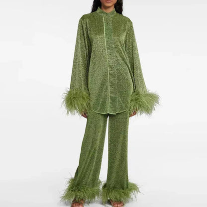 Tweedelige glitter set dames met veren en wijde broek