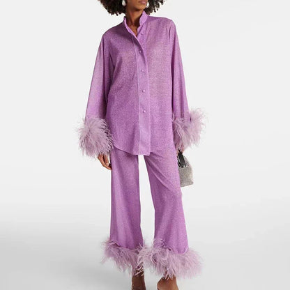 Tweedelige glitter set dames met veren en wijde broek