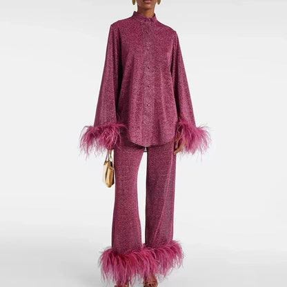 Tweedelige glitter set dames met veren en wijde broek