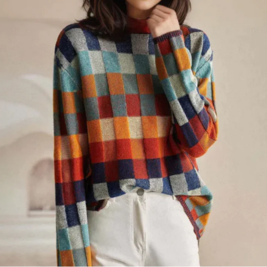 Oversized gebreide trui dames met opstaande kraag en blokpatroon