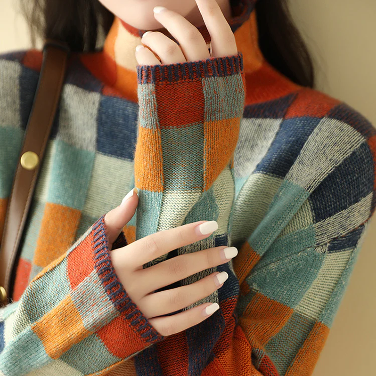 Oversized gebreide trui dames met opstaande kraag en blokpatroon