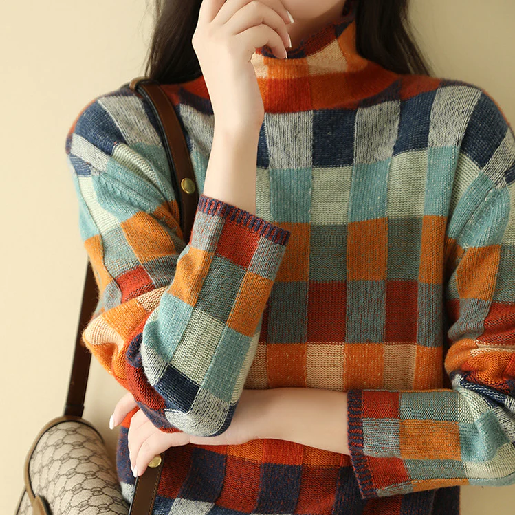 Oversized gebreide trui dames met opstaande kraag en blokpatroon