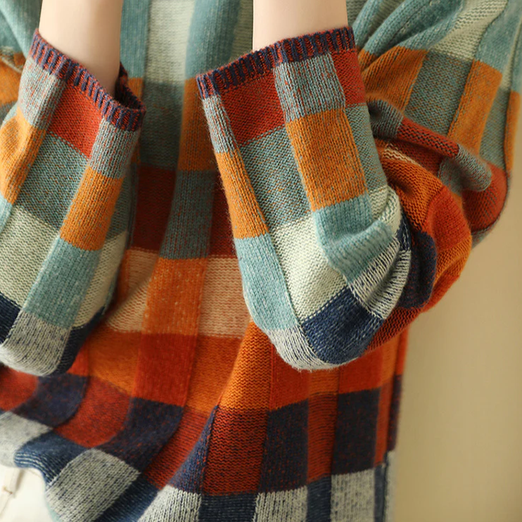 Oversized gebreide trui dames met opstaande kraag en blokpatroon