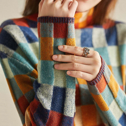 Oversized gebreide trui dames met opstaande kraag en blokpatroon