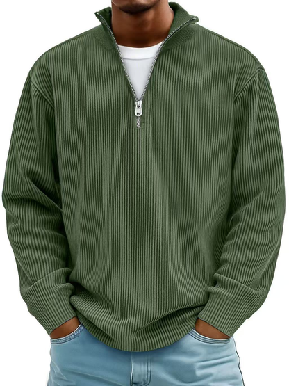 Geribde half zip trui heren met opstaande kraag en lange mouwen