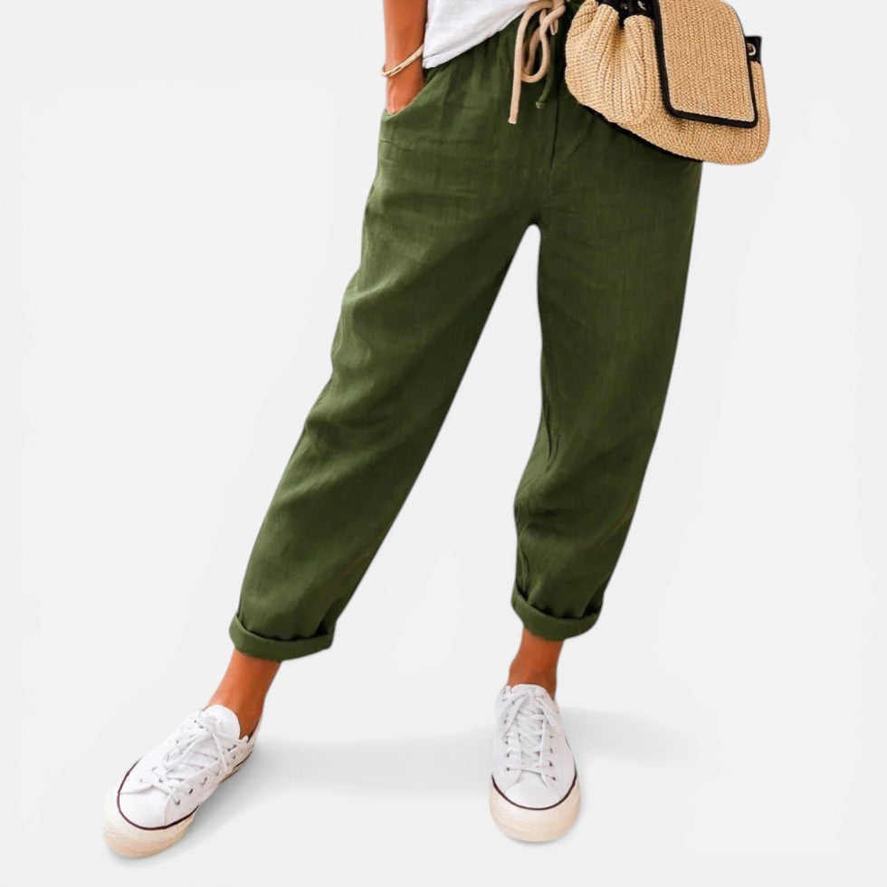 Losse zomerbroek met elastische tailleband en trekkoord voor dames