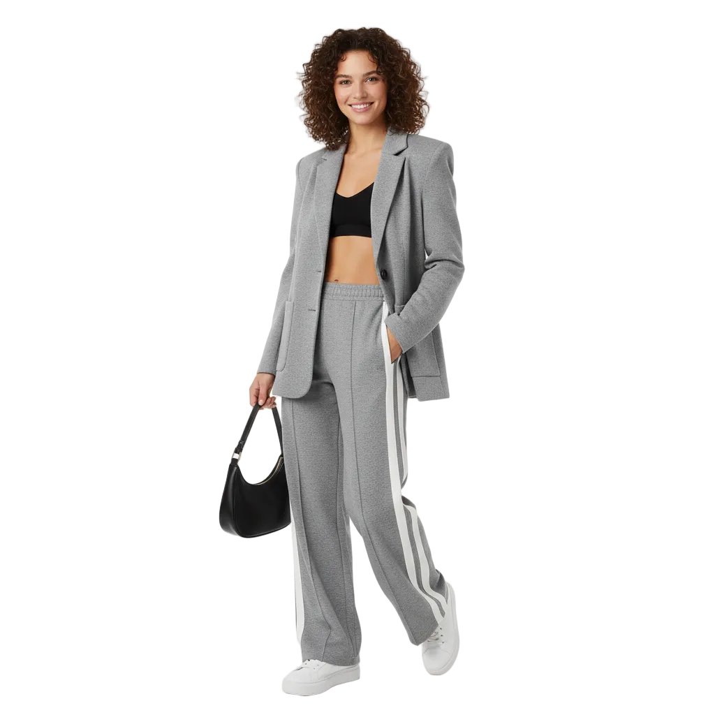 Tweedelig broekpak dames met blazer en wijde broek met zijstreep