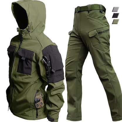 Tactische outdoorset heren met capuchonjas en cargobroek