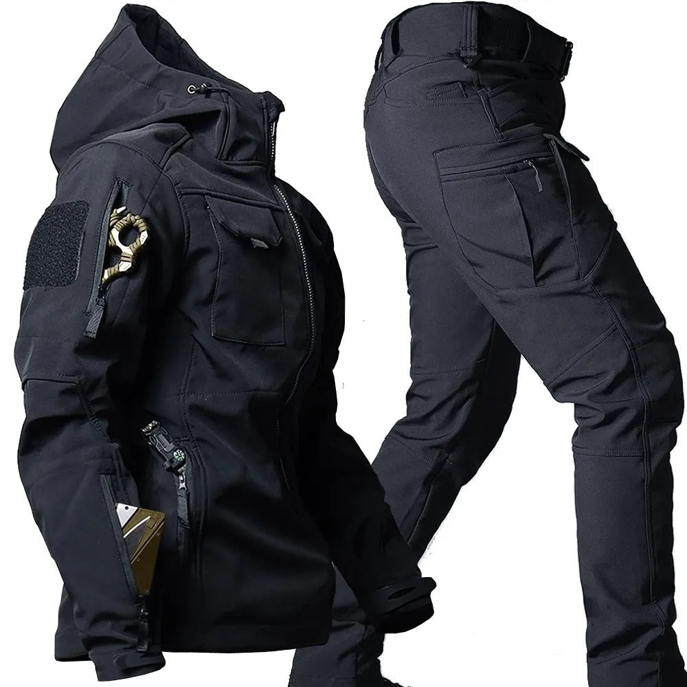 Tactische outdoorset heren met capuchonjas en cargobroek