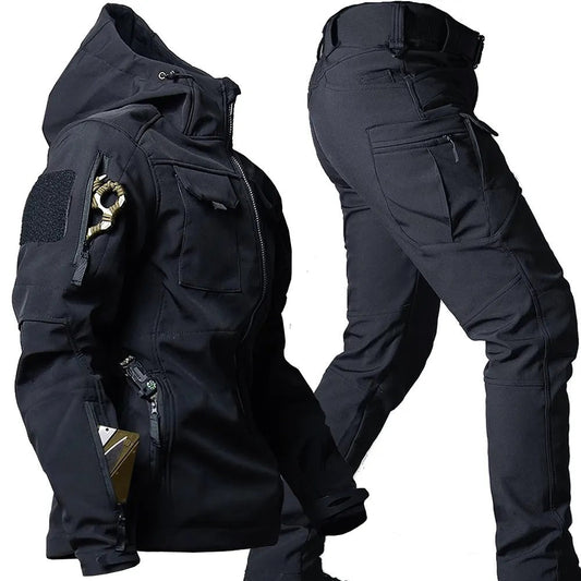Tactische outdoorset heren met capuchonjas en cargobroek