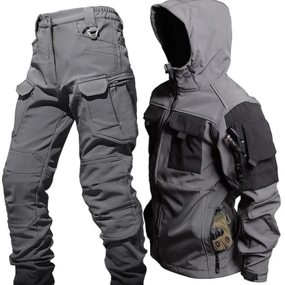 Tactische outdoorset heren met capuchonjas en cargobroek