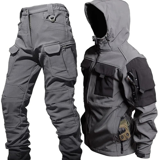 Tactische outdoorset heren met capuchonjas en cargobroek