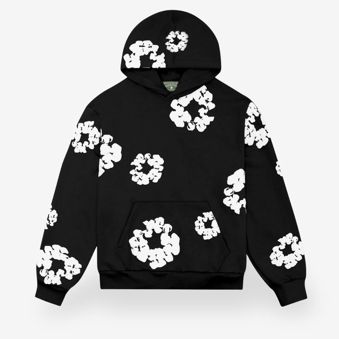 "Unisex bloemen trainingspak, zwart; stijlvolle hoodie & broek, bloemenprint, comfortabel en trendy ontwerp."