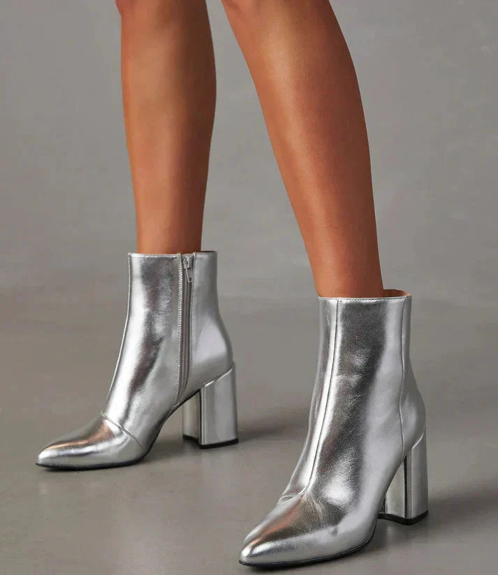 Metallic enkellaarsjes dames met blokhak en spitse neus