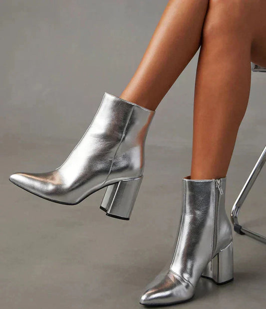 Metallic enkellaarsjes dames met blokhak en spitse neus
