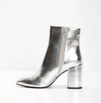 Metallic enkellaarsjes dames met blokhak en spitse neus
