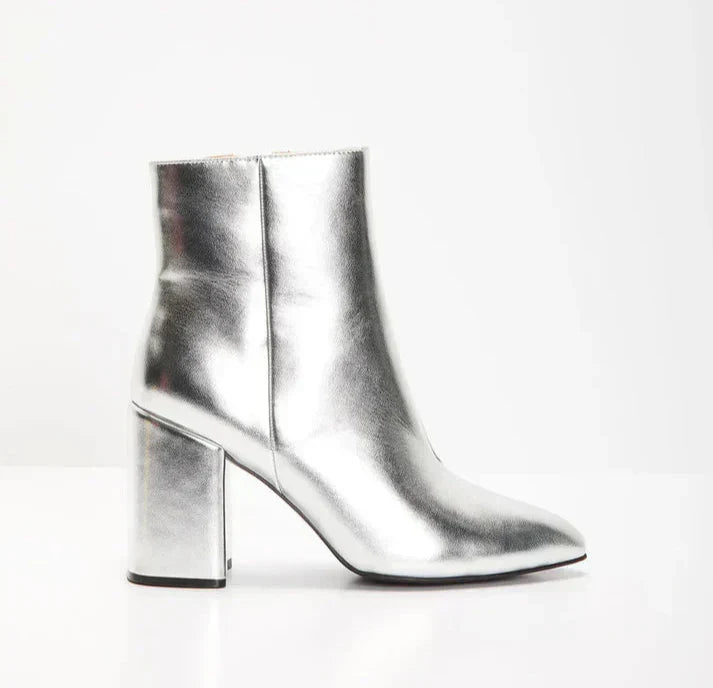 Metallic enkellaarsjes dames met blokhak en spitse neus