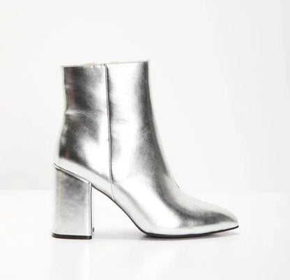 Metallic enkellaarsjes dames met blokhak en spitse neus