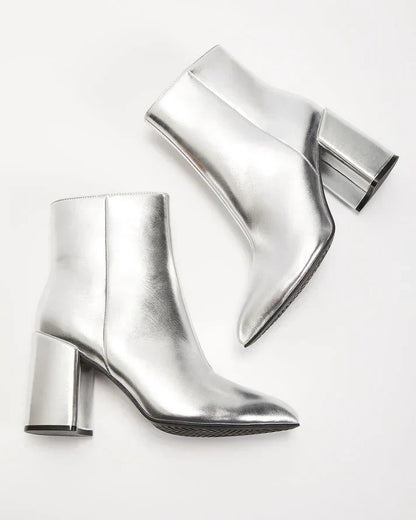 Metallic enkellaarsjes dames met blokhak en spitse neus