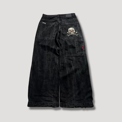 "Zwarte baggy jeans met hoge taille, wijdvallend en retro-stijl, voorkantaanzicht met casual en stijlvolle uitstraling."