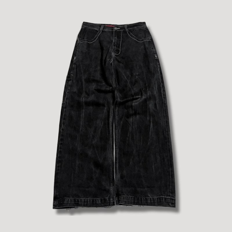 "Zwarte baggy jeans met hoge taille, wijdvallend en retro-stijl, voorkantaanzicht met casual en stijlvolle uitstraling."