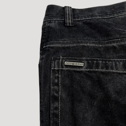 "Zwarte baggy jeans met hoge taille, wijdvallend en retro-stijl, voorkantaanzicht met casual en stijlvolle uitstraling."